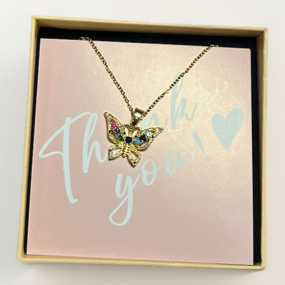 Butterfly Necklace Gold Tone Colorful Rhinestone Pendant Gift Box